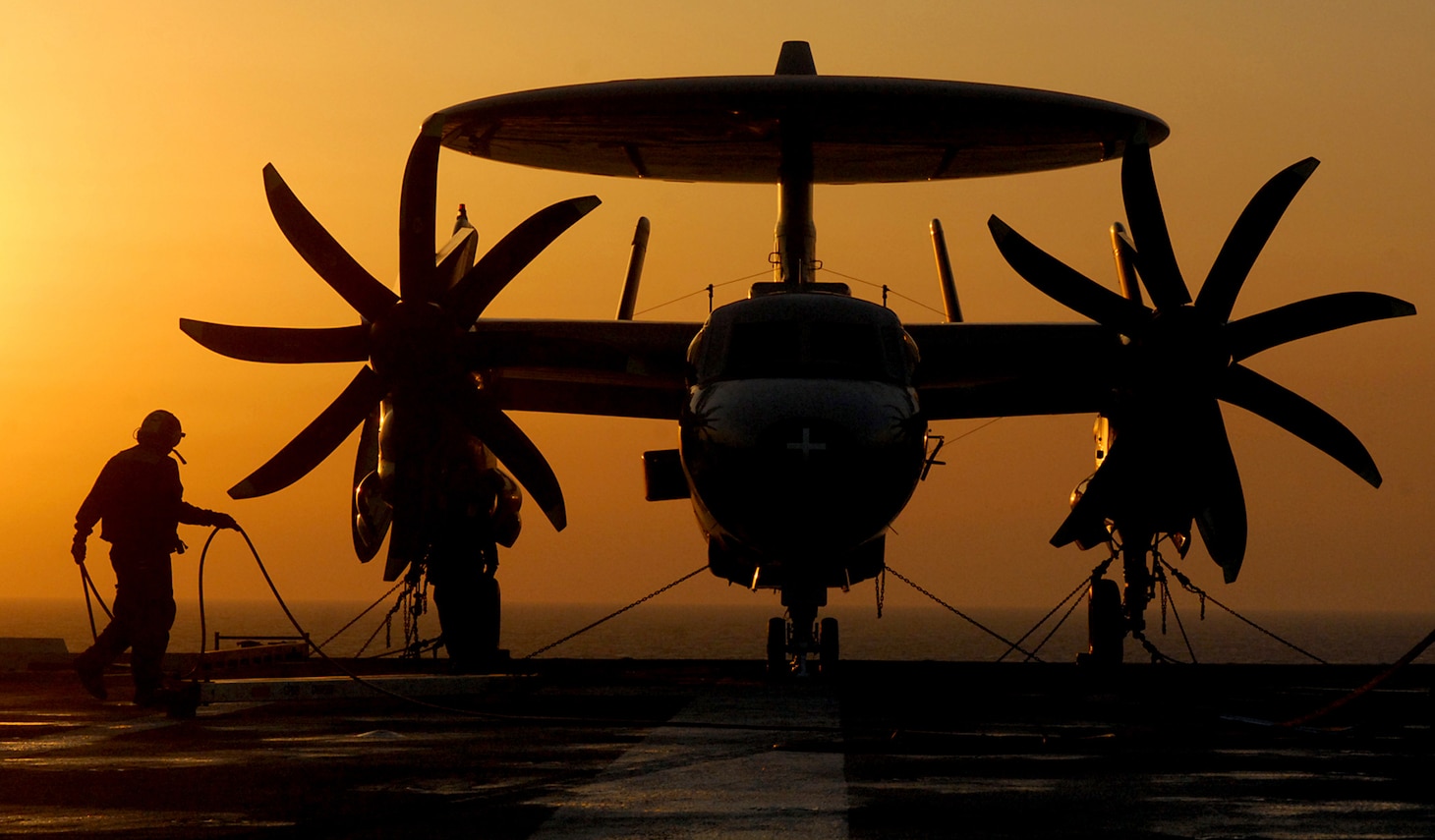 An E-2C Hawkeye is silhouetted on the flight deck of the aircraft carrier USS Harry S. Truman (CVN 75) in the Persian Gulf in March 2008.
