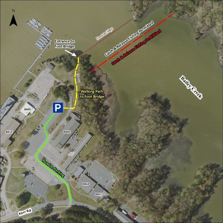 Map of Bailey Creek at Joint Base Langley-Eustis, Virginia. The red dashed line denotes the boundary for catch and release fishing. (Courtesy graphic)