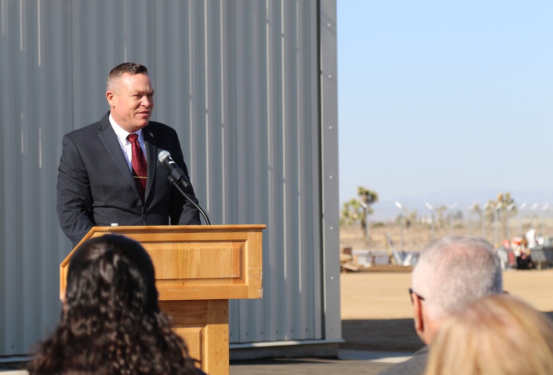 Justin Gay, deputy district engineer, U.S. Army Corps of Engineers LA District, speaks during a Nov. 30 ribbon-cutting ceremony celebrating the completion of the construction of a 160-foot air traffic control tower at Air Force Plant 42, Palmdale, California.