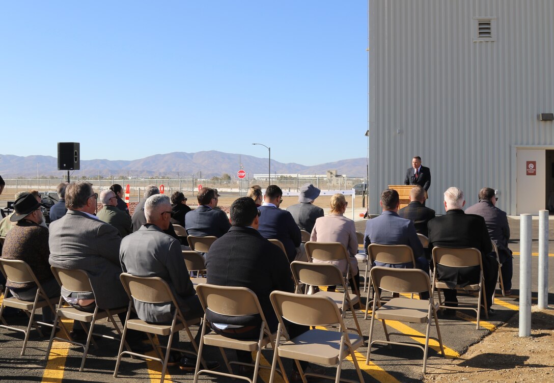 Justin Gay, deputy district engineer, U.S. Army Corps of Engineers LA District, speaks during a Nov. 30 ribbon-cutting ceremony celebrating the completion of the construction of a 160-foot air traffic control tower at Air Force Plant 42, Palmdale, California.