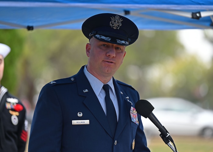 U.S. Air Force Col. Matthew Reilman, 17th Training Wing commander, gives closing remarks during the Pearl Harbor Remembrance Day ceremony at Fairmount Cemetery, San Angelo, Texas, Dec. 7, 2022. Reilman reminded the audience that freedom is not free and the United States is protected by those who volunteer to serve. (U.S. Air Force photo by Senior Airman Ethan Sherwood)
