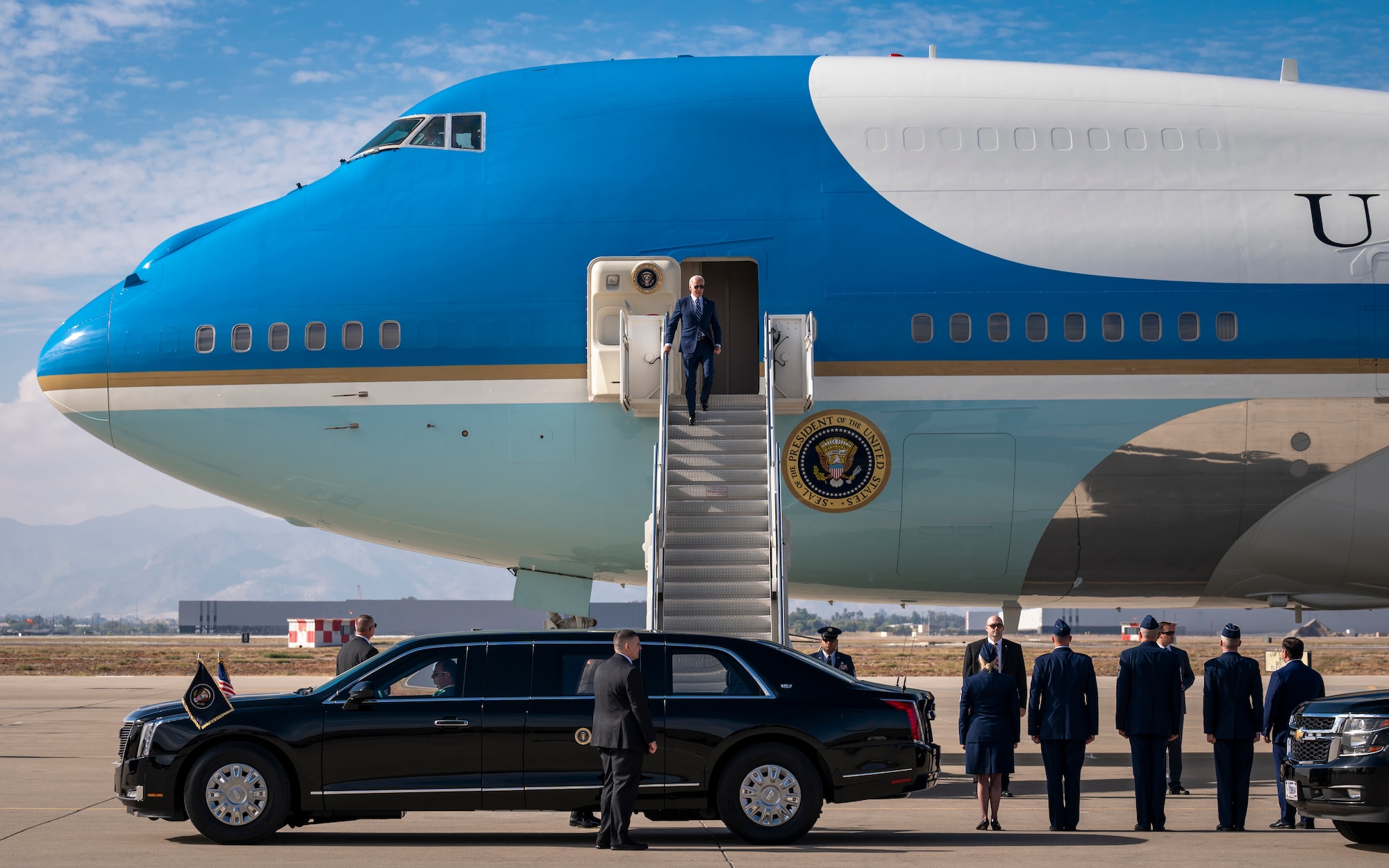 U.S. President Joseph R. Biden disembarks Air Force One at Luke Air Force Base, Arizona, Dec. 6, 2022.