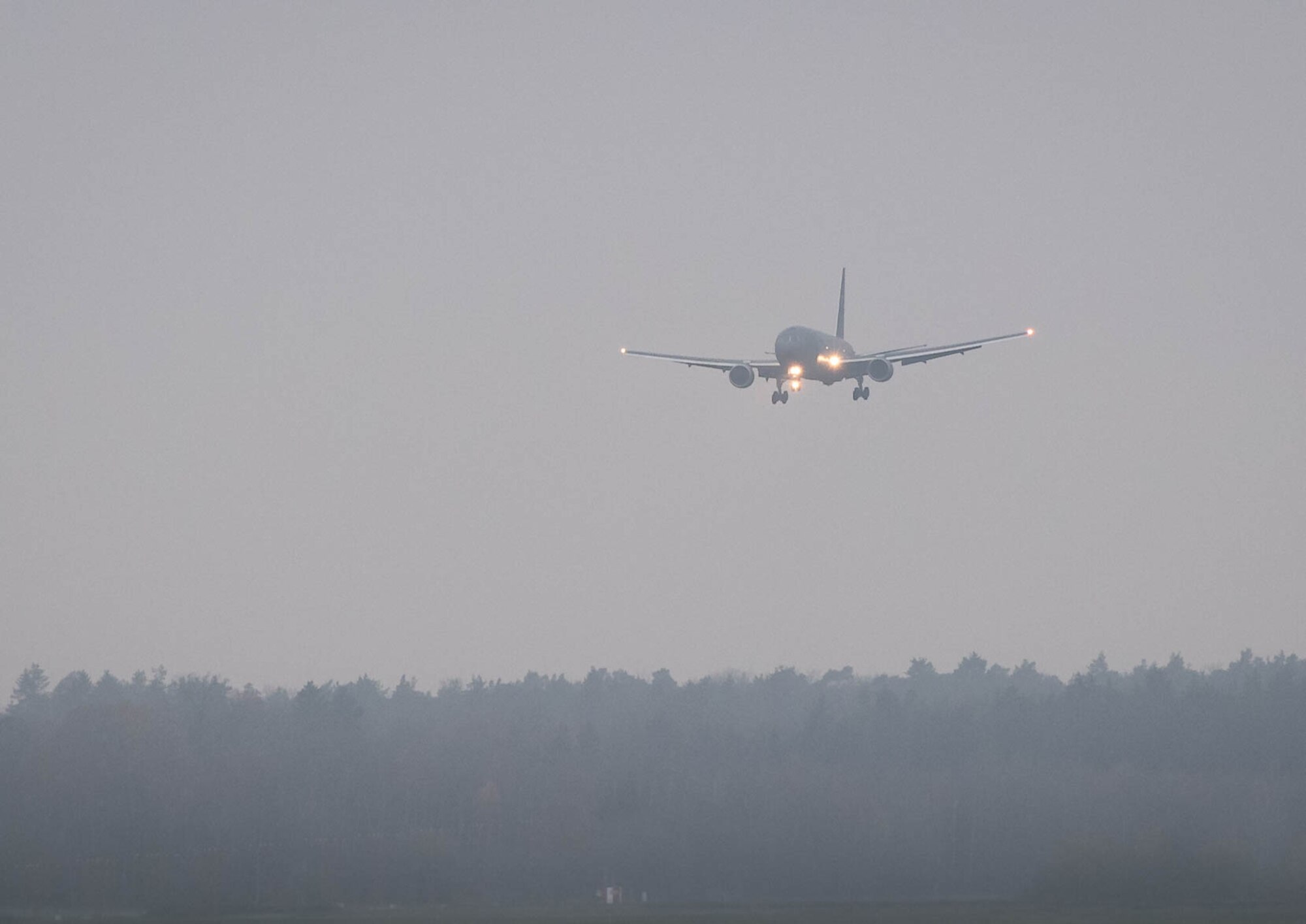 A U.S. Air Force KC-46 Pegasus from the 916th Air Refueling Wing, based at Seymour Johnson Air Force Base, North Carolina, approaches for landing at Ramstein Air Base, Germany, Dec. 2, 2022. The aircraft and crew arrived to support U.S. Air Forces in Europe - Air Forces Africa Copper Arrow Exercise, which enhances interoperability with NATO Allies and partners. Copper Arrow is intended to support air refueling capabilities within the U.S. European Command theater. (U.S. Air Force photo by Airman 1st Class Jared Lovett)