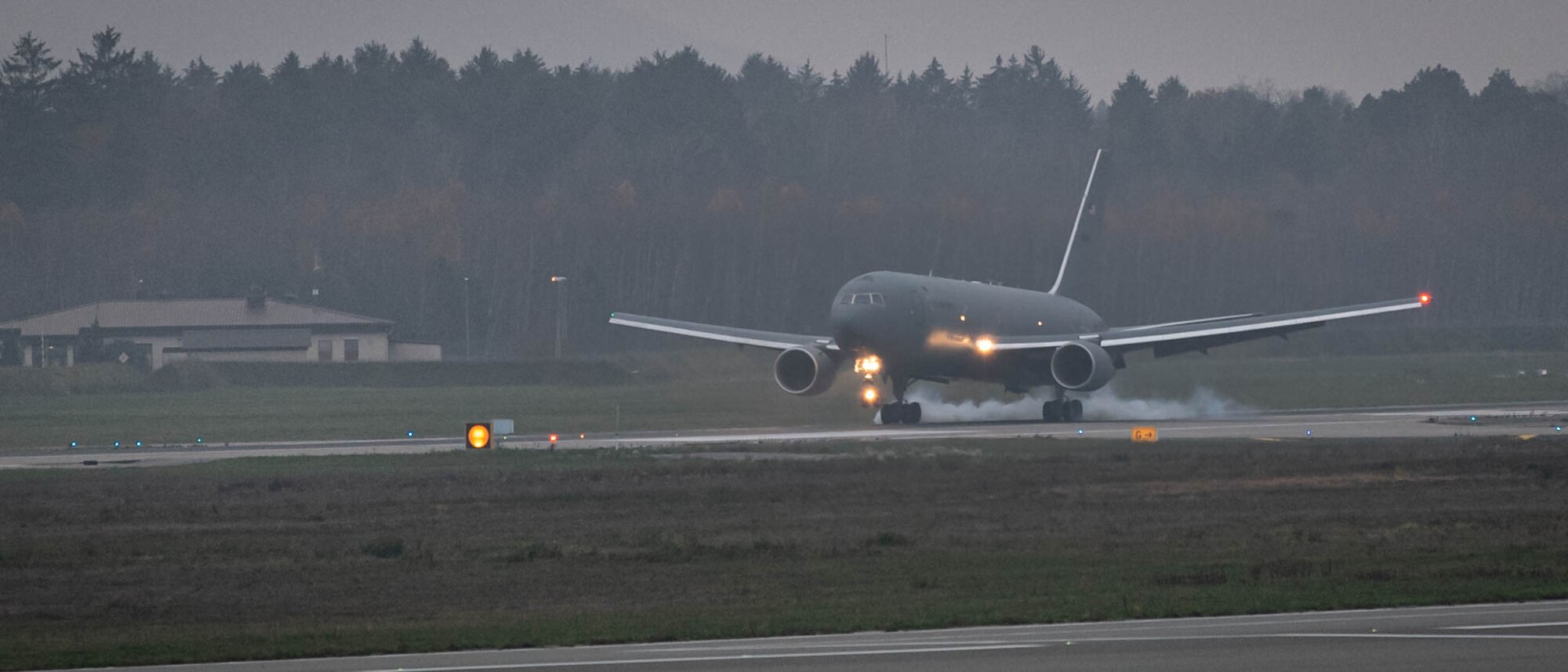 A U.S. Air Force KC-46 Pegasus from the 916th Air Refueling Wing, based at Seymour Johnson Air Force Base, North Carolina, lands at Ramstein Air Base, Germany, while supporting a Copper Arrow Exercise, Dec. 2, 2022. Copper Arrow is a recurrent exercise conducted to increase overall readiness, while simultaneously solidifying operational relationships with NATO Allies and partners. (U.S. Air Force photo by Airman 1st Class Jared Lovett)