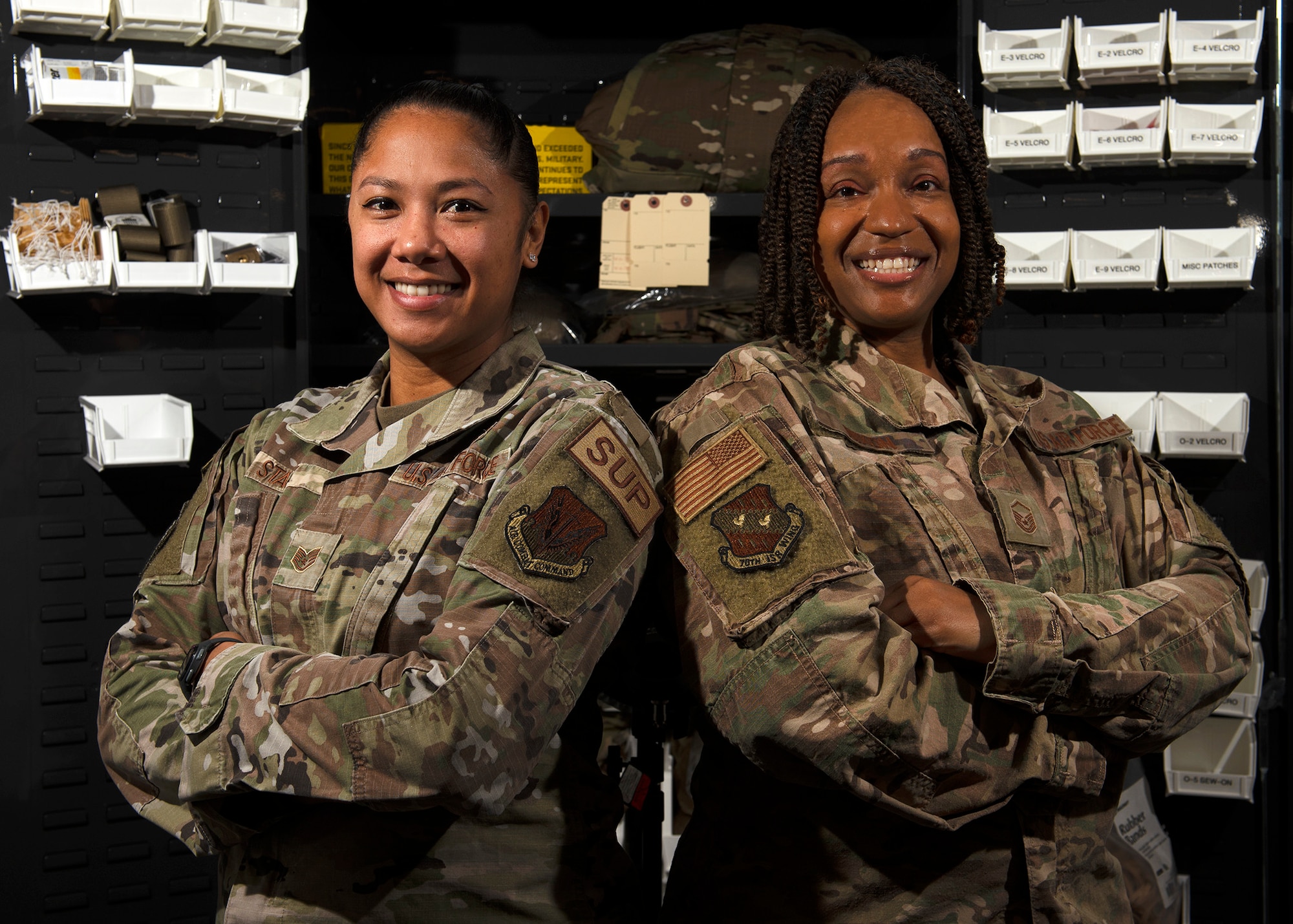 U.S. Air Force Staff Sgt. Breanne Stack, 70th Intelligence, Surveillance and Reconnaissance Wing Logistics Office material management non-commissioned officer in-charge, and U.S. Air Force Master Sgt. April Nixon, 70th ISRW Logistics Office superintendent, pose for a photo, Nov. 16, 2022, at Fort George G. Meade, Maryland. The mission of logistics is to develop, evaluate, monitor, inspect wing logistics activities; plan and support wing deployment activities; initiate, monitor, and update inter-service and inter-agency support agreements. (U.S. Air Force photo by Staff Sgt. Kevin Iinuma)
