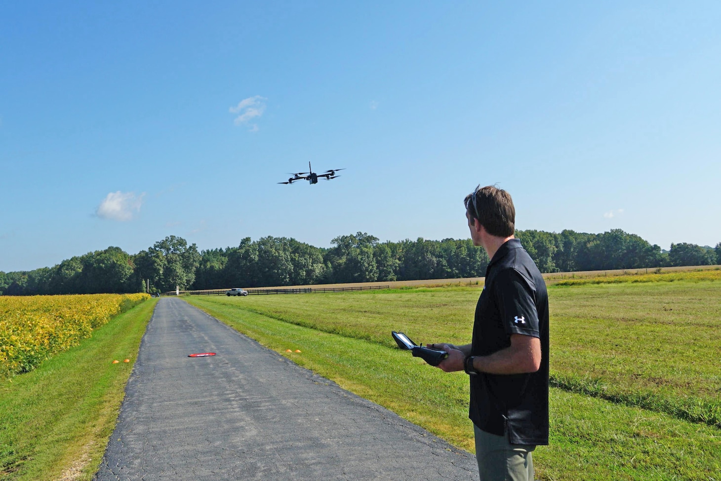 A vendor demonstrates the vertical takeoff and landing capability of a small unmanned aircraft system during a Navy and Marine Corps Small Tactical Unmanned Aircraft Systems program office  sponsored technical assessment Sept. 20 in California, Maryland