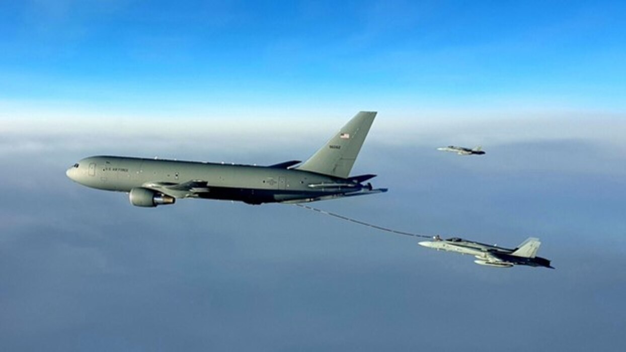 The U.S. Air Force's newest tanker, the KC-46A Pegasus, refuels Finnish F/A-18s during Exercise Copper Arrow. (Photo courtesy of Finnish Air Force)