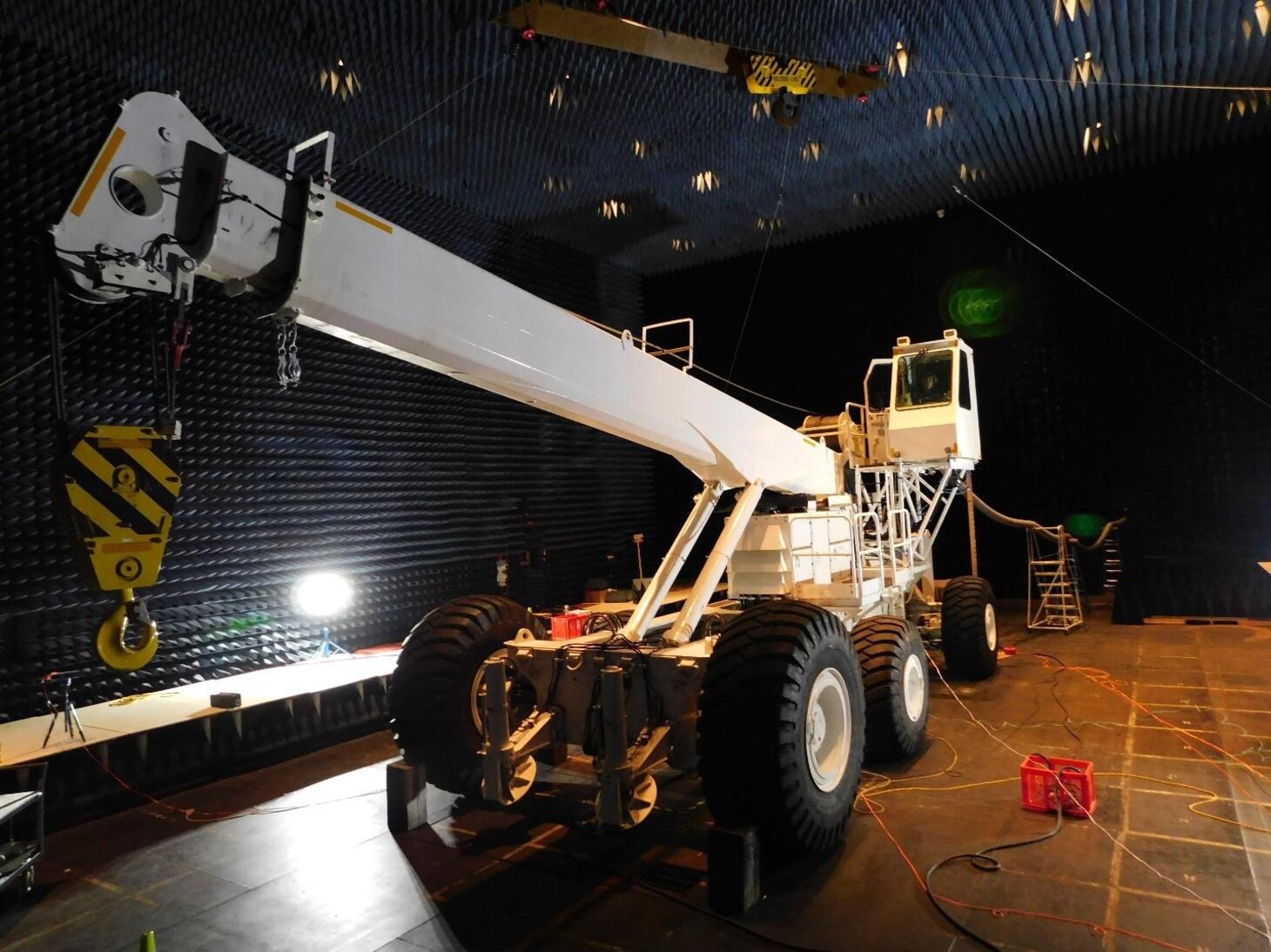 The Navy’s Common Aviation Support Equipment program office is currently evaluating Electromagnetic Environmental Effects (E3) on a Crash and Salvage Crane (CSC) at the Aircraft Anechoic Test Facility in Patuxent River, Maryland.