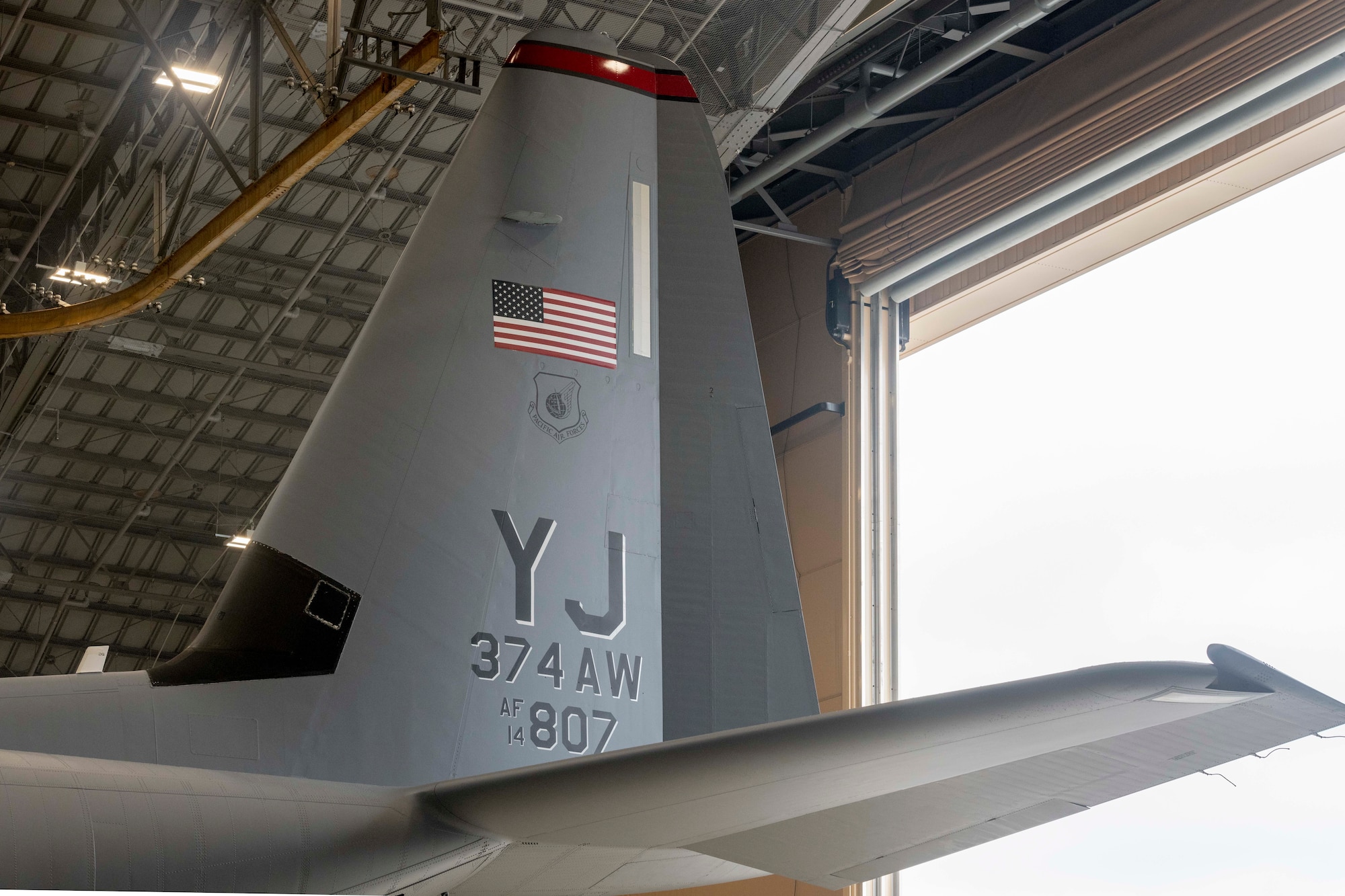 The C 130J Super Hercules with new tail flash stripe 5th Air
