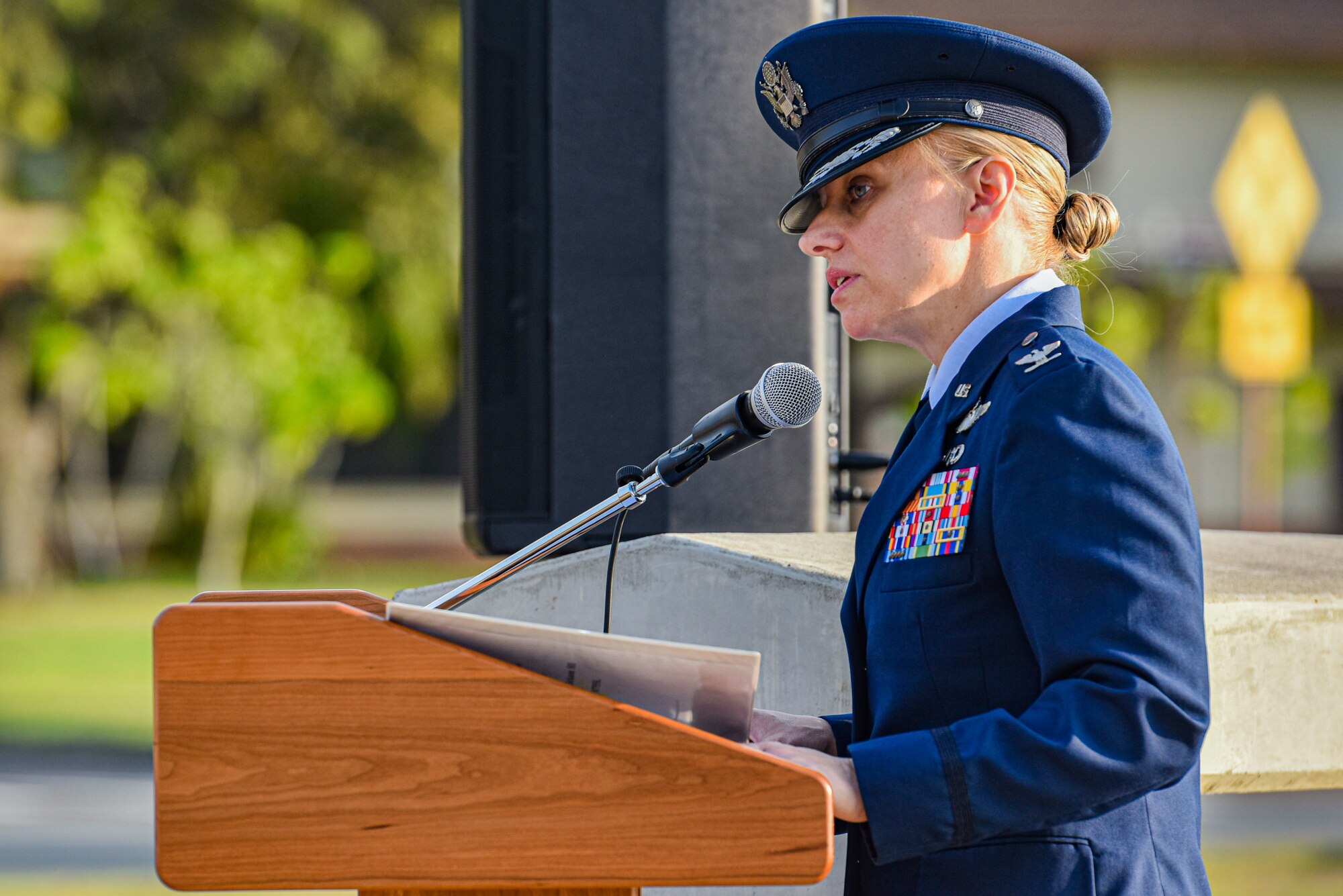 U.S. Air Force Col. Michelle Lo Bianco, 15th Wing commander, speaks at the Attack on Hickam Field Remembrance Ceremony at Joint Base Pearl Harbor-Hickam, Hawaii, Dec. 7, 2022. Service members, veterans, friends and family came together to remember the 81st anniversary of the attacks on Hickam Field and to honor the 189 service members that died and 303 wounded (U.S. Air Force Photo by Tech. Sgt. Anthony Nelson Jr.)