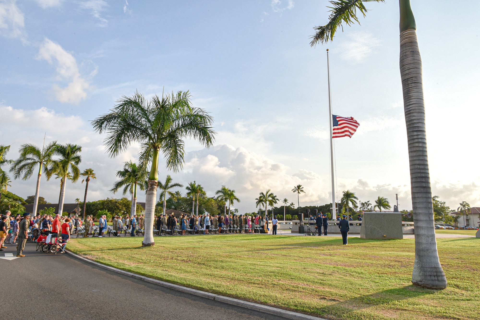 Friends and family of late Hickam Field veteran survivors present a wreath at the Attack on Hickam Field Remembrance Ceremony at Joint Base Pearl Harbor-Hickam, Hawaii, Dec. 7, 2022. The 15th Wing continues to honor those who survived the historic attacks,  those who paid the ultimate sacrifice and their families while reminding those who currently serve of the legacy of those who came before.(U.S. Air Force photo by Tech. Sgt. Anthony Nelson Jr.)