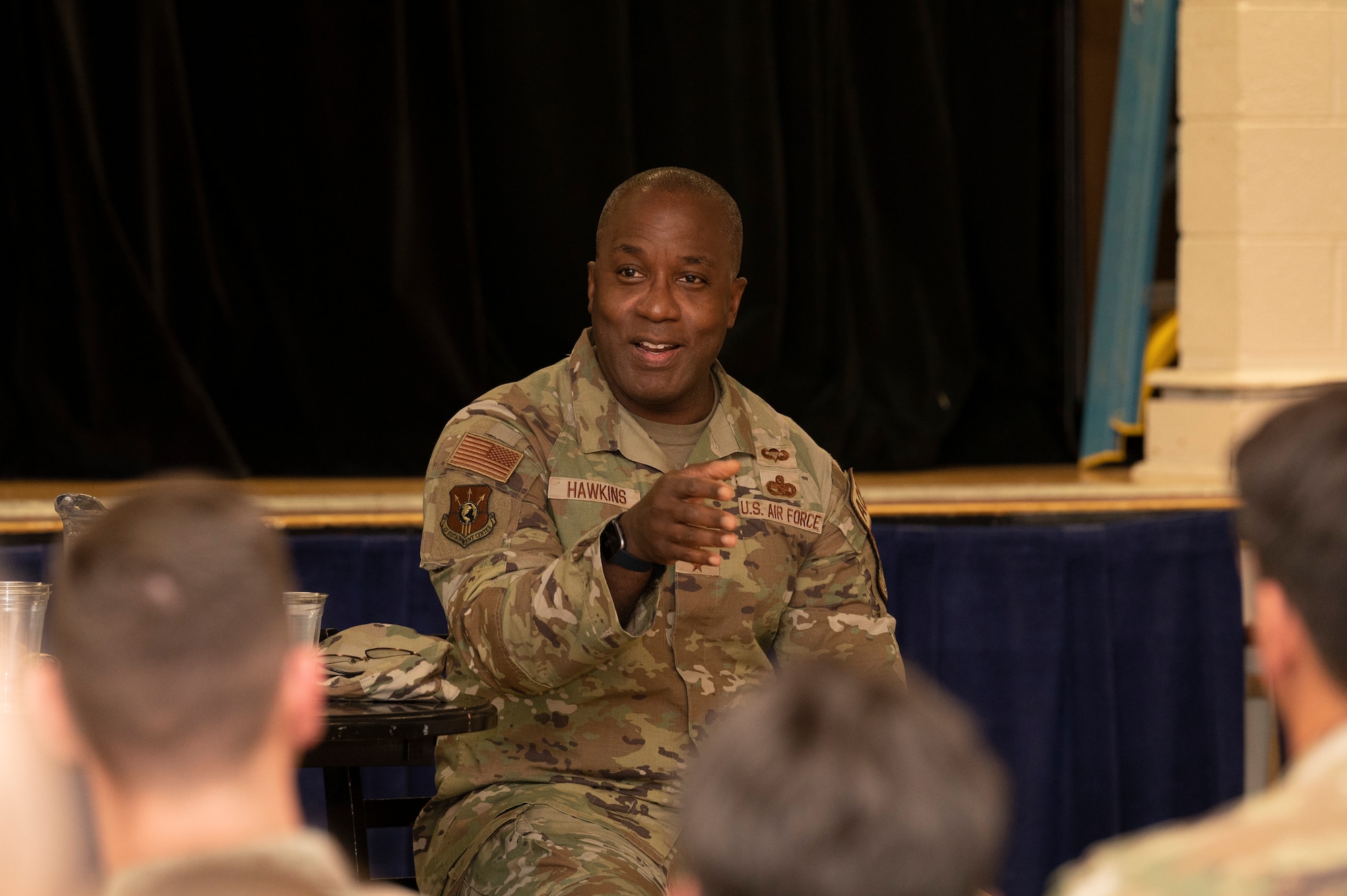 U.S. Air Force Lt. Gen. Stacey Hawkins, Air Force Sustainment Center commander, speaks to Airmen from the 635th Materiel Maintenance Group at Holloman Air Force Base, New Mexico, Dec. 6, 2022. Hawkins' tour of the base helped provide a detailed account to the capabilities the 635th MMG has when providing the resources and training environment needed in a deployment. (U.S. Air Force photo by Airman 1st Class Isaiah Pedrazzini
