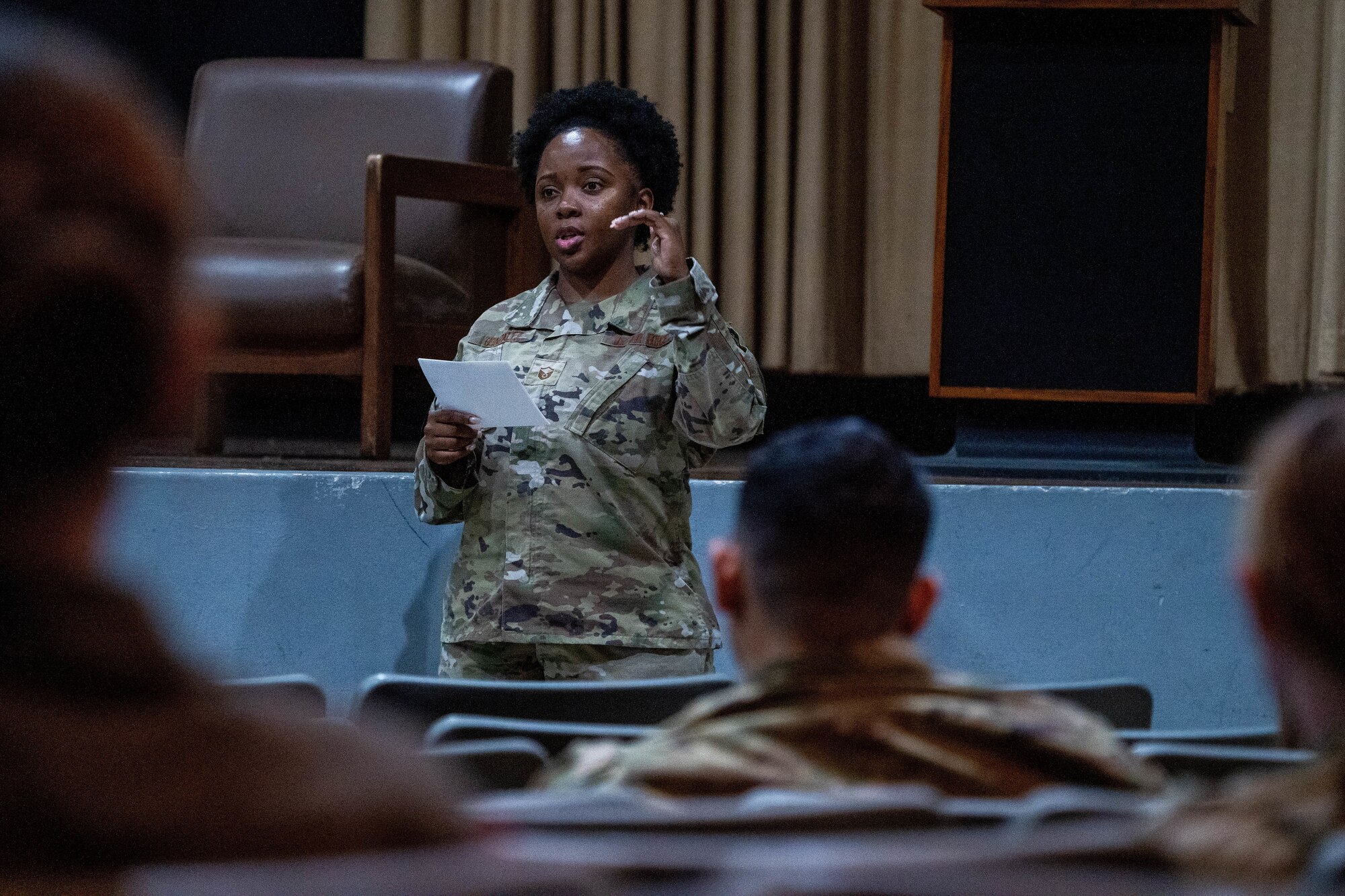 Master Sgt. Gladice Glonzalez, Indo Pacific Command J5 senior enlisted leader, speaks to noncommissioned officers during a symposium at Joint Base Pearl Harbor-Hickam, Hawaii, Dec. 2, 2022. This was the first NCO symposium held at JBPHH, and guest speakers were invited to share insight and knowledge to help enhance leadership skills. (U.S. Air Force photo by Senior Airman Makensie Cooper)