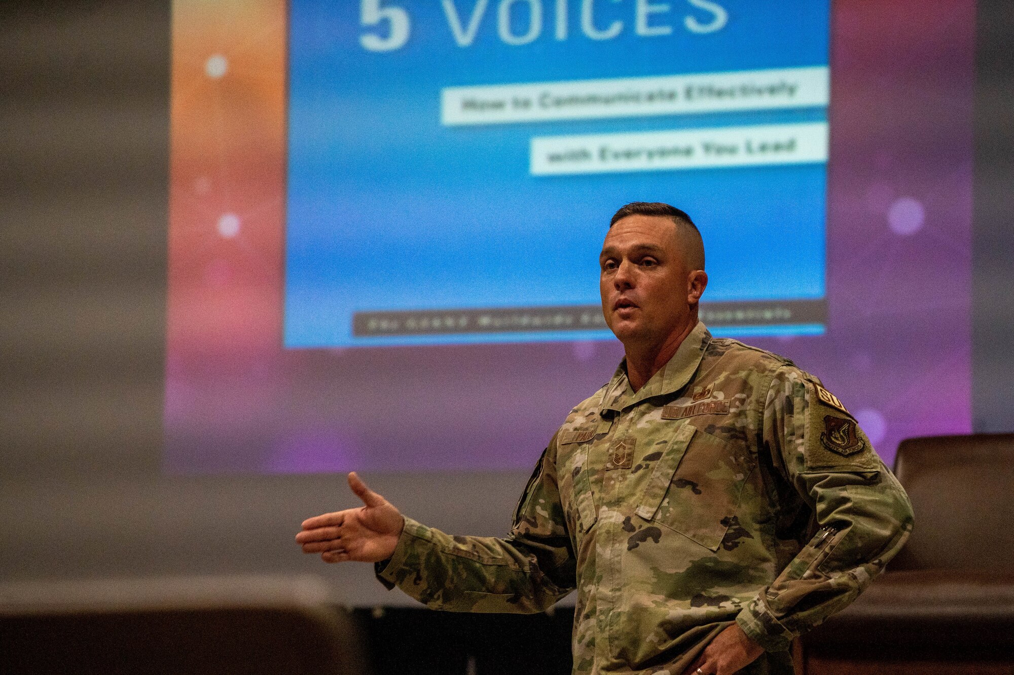 Senior Master Sgt. Jonathon Parker, Pacific Air Forces A4, superintendent, speaks to noncommissioned officers during a symposium at Joint Base Pearl Harbor-Hickam, Hawaii, Dec. 2, 2022. This was the first NCO symposium held at JBPHH, and guest speakers were invited to share insight and knowledge to help enhance leadership skills. (U.S. Air Force photo by Senior Airman Makensie Cooper)