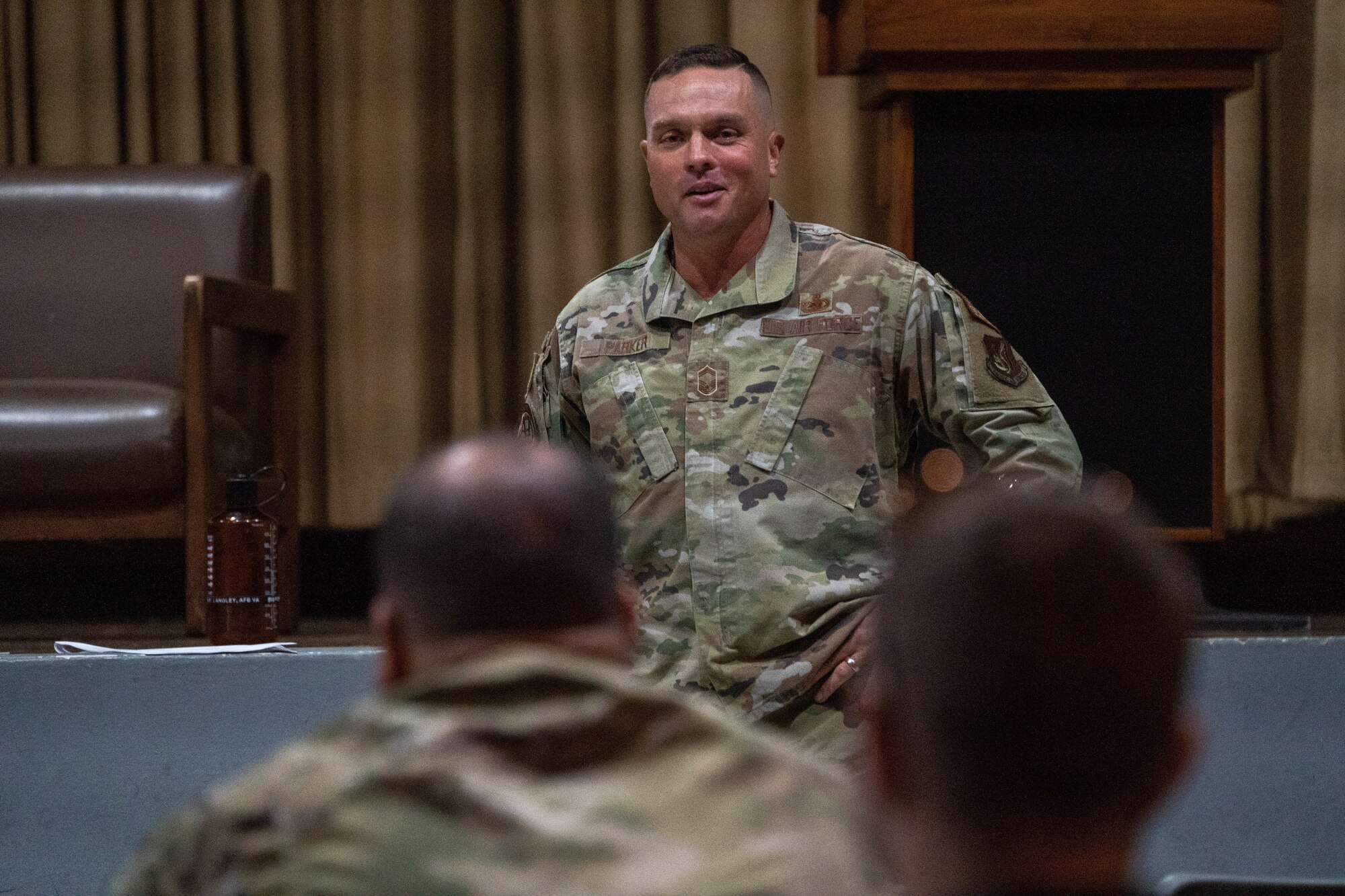 Senior Master Sgt. Jonathon Parker, Pacific Air Forces A4, superintendent, speaks to noncommissioned officers during a symposium at Joint Base Pearl Harbor-Hickam, Hawaii, Dec. 2, 2022. This was the first NCO symposium held at JBPHH, and guest speakers were invited to share insight and knowledge to help enhance leadership skills. (U.S. Air Force photo by Senior Airman Makensie Cooper)