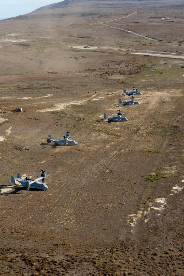 U.S. Marine Corps MV-22B Ospreys with Marine Aircraft Group 39, 3rd Marine Aircraft Wing (MAW), land on San Clemente Island, California, Dec. 3, 2022, during an air assault as part of Exercise Steel Knight 23. Exercise Steel Knight 23 provides 3rd MAW an opportunity to refine Wing-level warfighting in support of I MEF and fleet maneuver. (U.S. Marine Corps photo by Lance Cpl.Velasco)