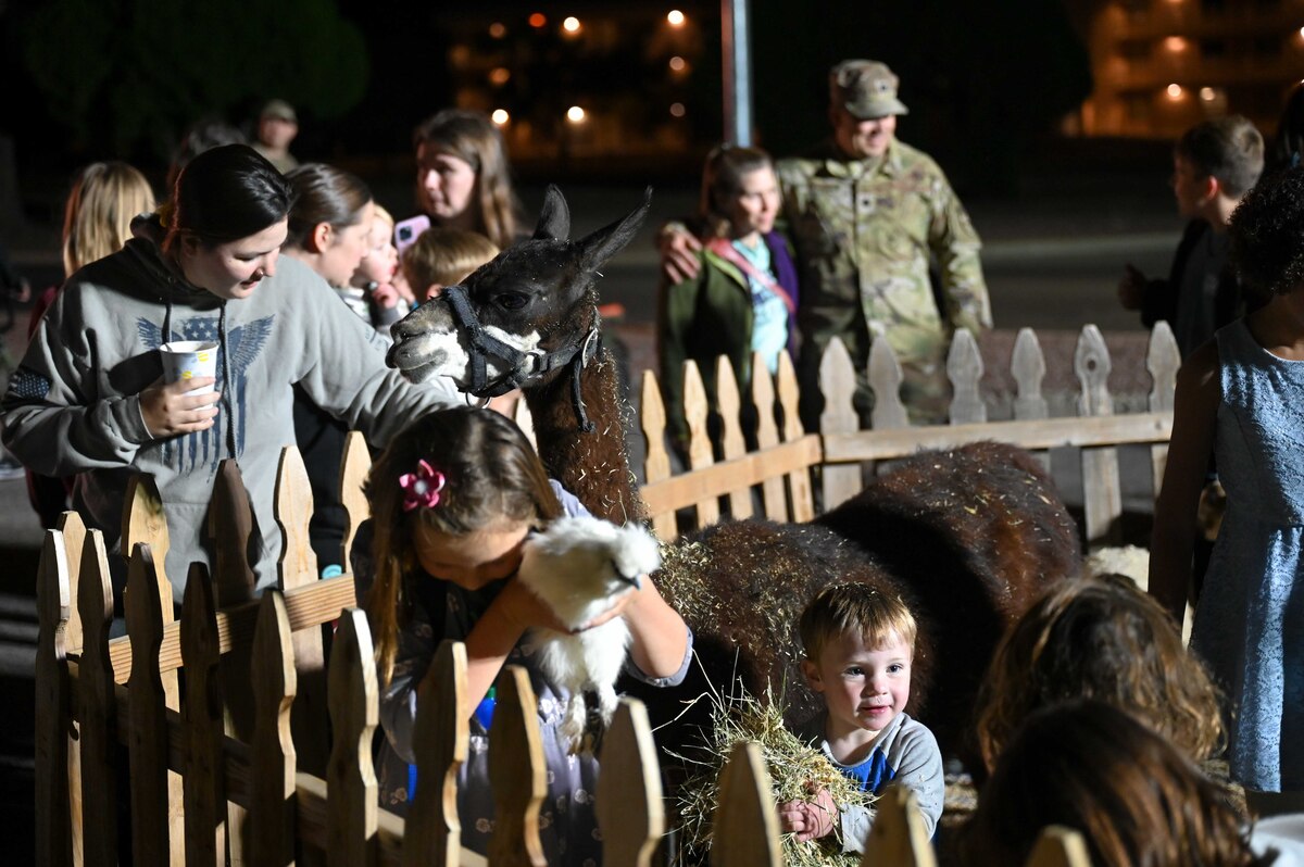 A photo of families petting animals at a petting zoo.