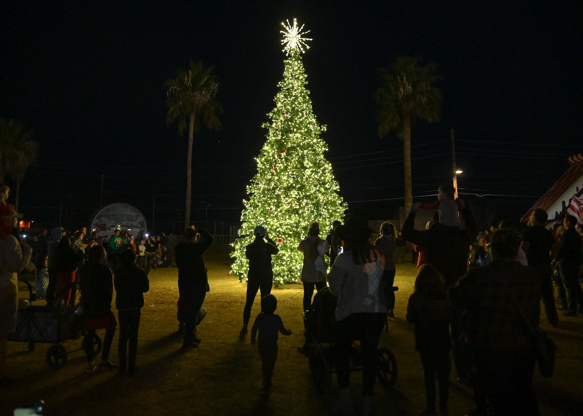A photo of a group of people gathered around a tree with festive decorations and lights.