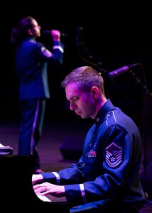 U.S. Air Force Master Sgt. Christopher Ziemba, pianist for The United States Air Force Band’s Airmen of Note, performs for Veteran’s Day show at Chandler Center for the Arts in Chandler, Arizona, Nov. 11, 2022. The Band is slated to perform at Daughters of the American Revolution Constitution Hall in Washington D.C., where their The Season of Hope concert will feature the Concert Band and Singing Sergeants. (U.S. Air Force photo by Airman Bill Guilliam)