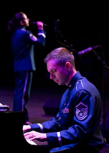 U.S. Air Force Master Sgt. Christopher Ziemba, pianist for The United States Air Force Band’s Airmen of Note, performs for Veteran’s Day show at Chandler Center for the Arts in Chandler, Arizona, Nov. 11, 2022. The Band is slated to perform at Daughters of the American Revolution Constitution Hall in Washington D.C., where their The Season of Hope concert will feature the Concert Band and Singing Sergeants. (U.S. Air Force photo by Airman Bill Guilliam)