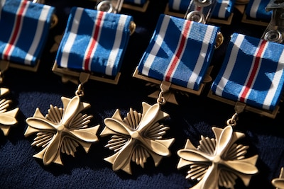 Military medals on display.