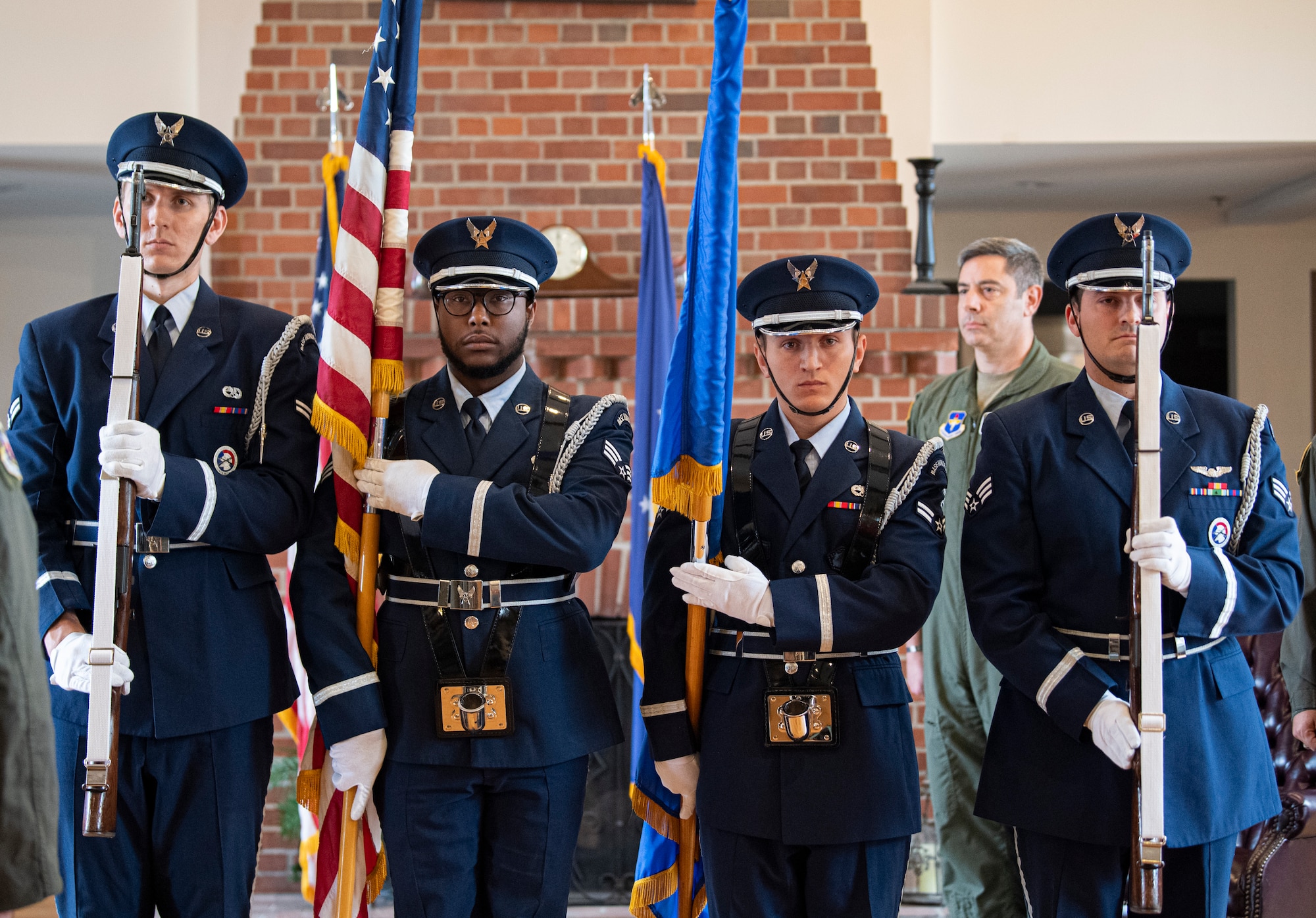 U.S. Air Force Airmen with the Moody Air Force Base Honor Guard present colors at the 81st deactivation ceremony at Moody Air Force Base, Georgia, Dec. 5, 2022. The 81st was a tenant unit at Moody AFB, originally activated out of Key Field, Mississippi, loaned out to Air Combat Command’s 23rd Wing. (U.S. Air Force photo by Airman 1st Class Whitney Gillespie)