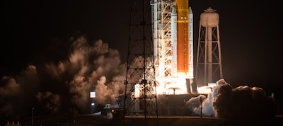 NASA’s Space Launch System rocket launches carrying the Orion spacecraft