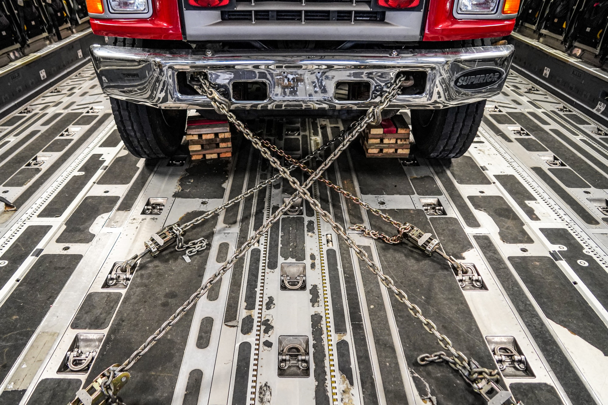 Aerial port loads firetruck on C-17