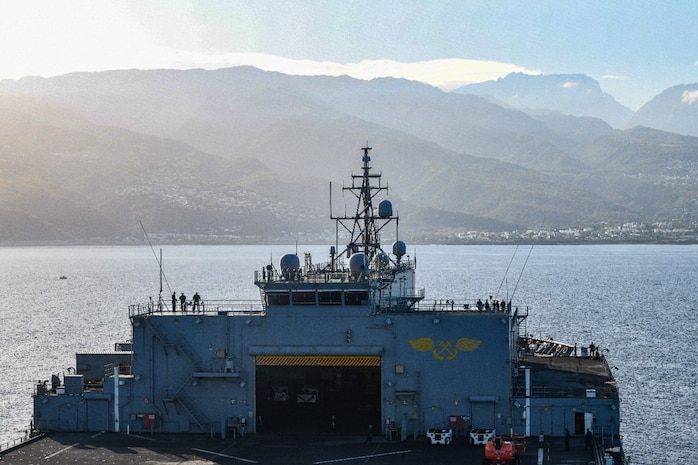The expeditionary sea base USS Hershel "Woody" Williams (ESB 4), arrives at the French island of Reunion for a scheduled port visit, Dec. 10, 2022. Hershel "Woody" Williams is on a scheduled deployment in the U.S. Naval Forces Africa area of operations, employed by U.S. Sixth Fleet to defend U.S., Allied and Partner interests.