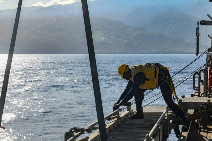 The expeditionary sea base USS Hershel "Woody" Williams (ESB 4), arrives at the French island of Reunion for a scheduled port visit, Dec. 10, 2022. Hershel "Woody" Williams is on a scheduled deployment in the U.S. Naval Forces Africa area of operations, employed by U.S. Sixth Fleet to defend U.S., Allied and Partner interests.