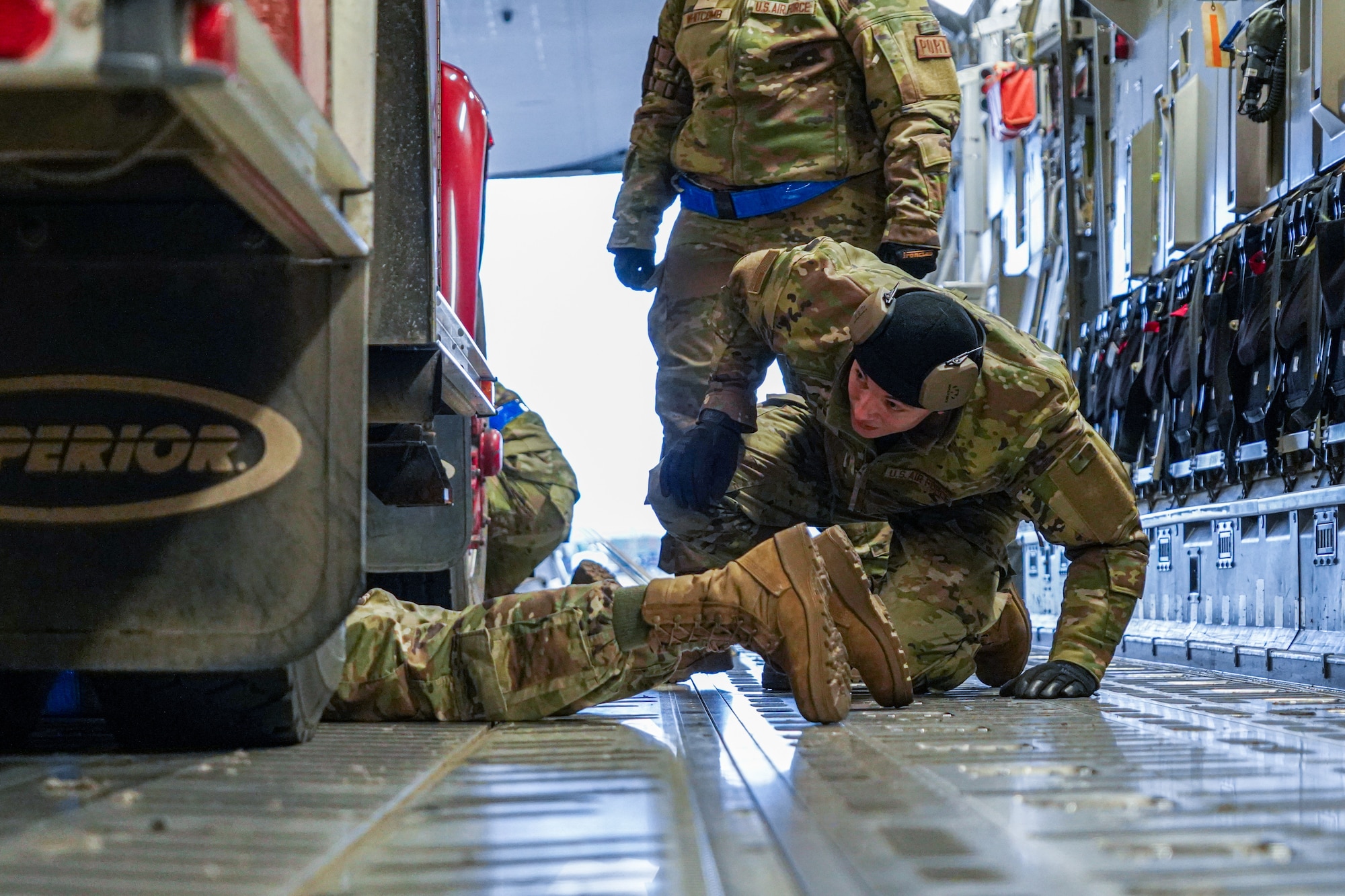 Aerial port loads firetruck on C-17