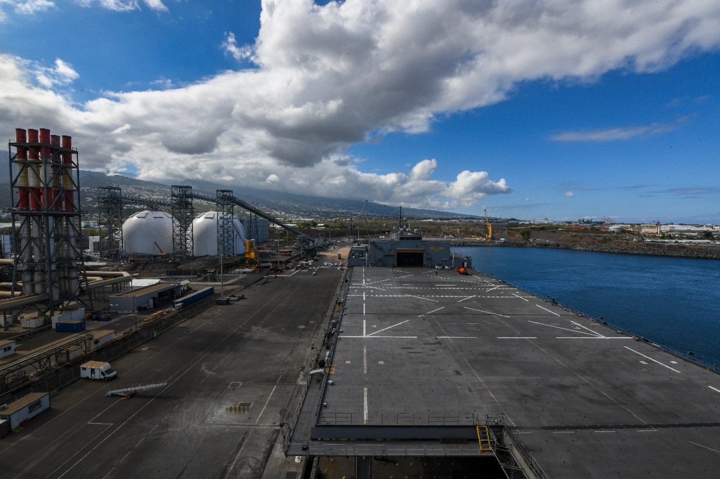 The expeditionary sea base USS Hershel "Woody" Williams (ESB 4), arrives at the French island of Reunion for a scheduled port visit, Dec. 10, 2022. Hershel "Woody" Williams is on a scheduled deployment in the U.S. Naval Forces Africa area of operations, employed by U.S. Sixth Fleet to defend U.S., Allied and Partner interests.