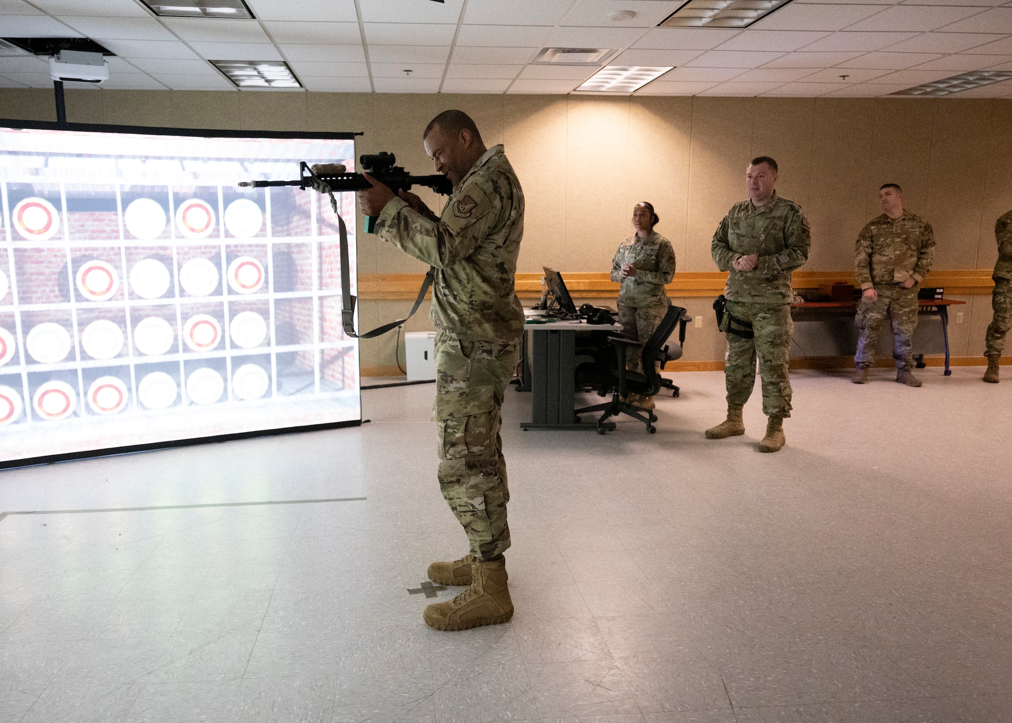 Chief Master Sgt. Alvin R. Dyer, 7th Air Force command chief, participates in a multiple interactive learning objective simulator at Kunsan Air Base, Republic of Korea, Dec. 8, 2022. Dyer visited Kunsan to engage with Airmen, discuss upcoming projects and see firsthand how Wolf Pack Airmen train. (U.S. Air Force photo by Staff Sgt. Isaiah J. Soliz)
