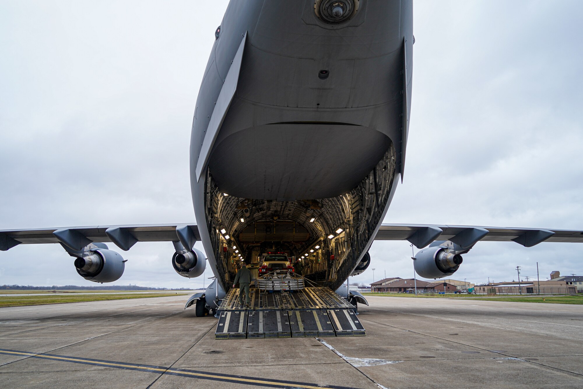 Aerial port loads firetruck on C-17