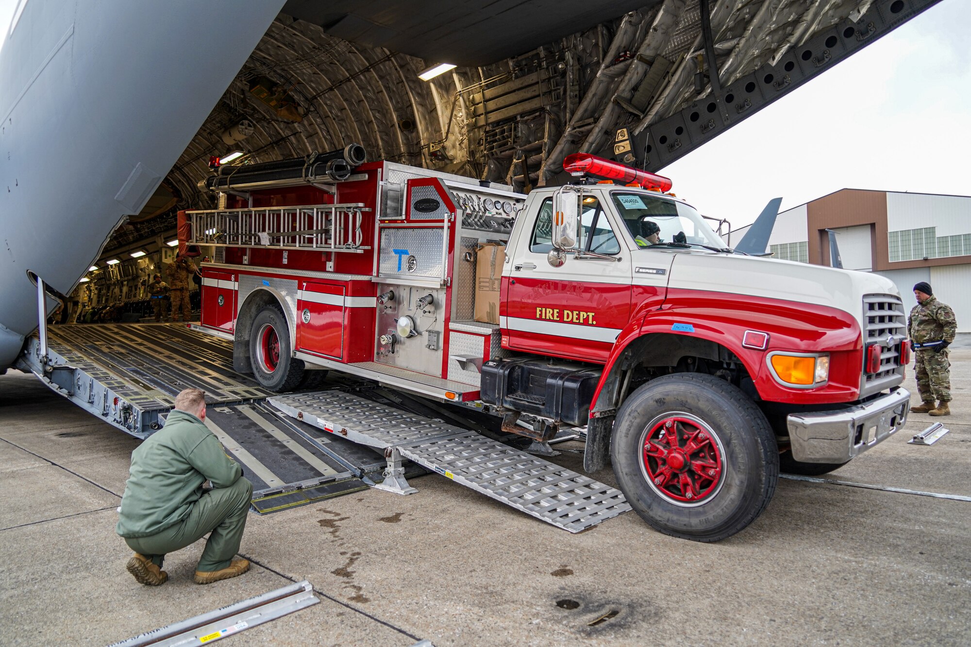 Aerial port loads firetruck on C-17