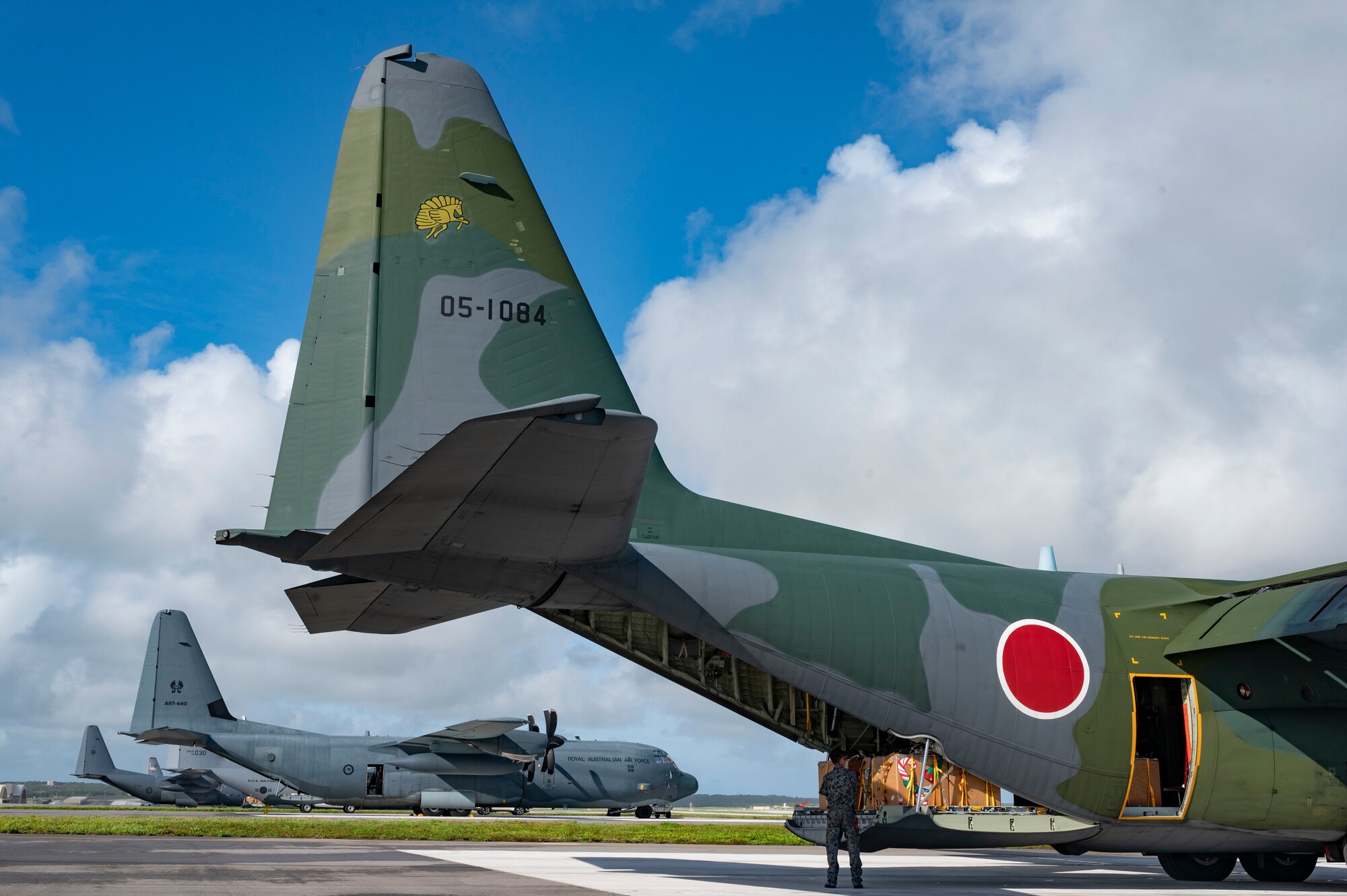 A Japan Air Self-Defense Force C-130H sits on the flight line