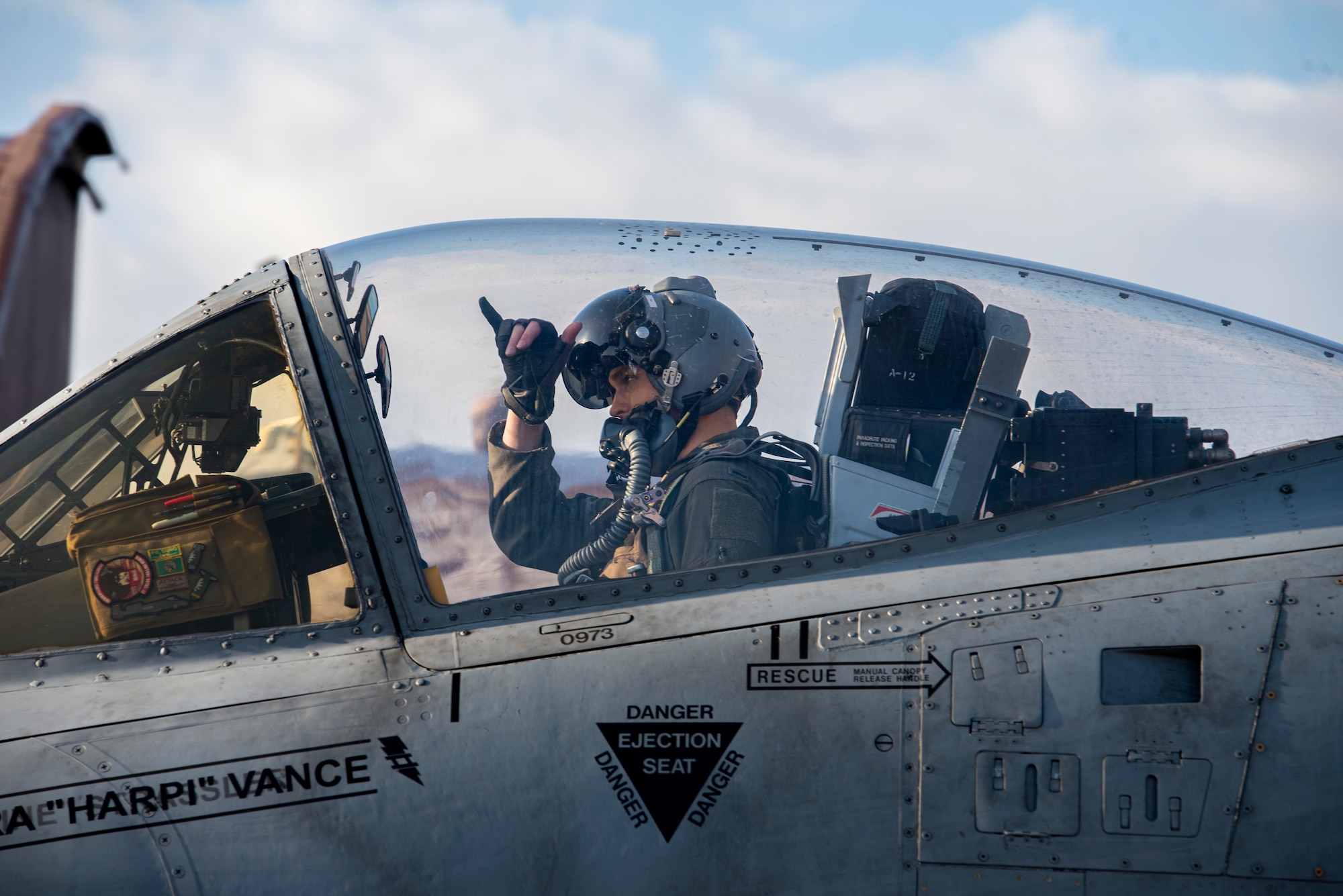 U.S Air Force 1st Lt. James Summer, 25th Fighter Squadron (FS) pilot waves as he taxis in an A-10C Thunderbolt II at Osan Air Base, Republic of Korea, Dec. 7, 2022.