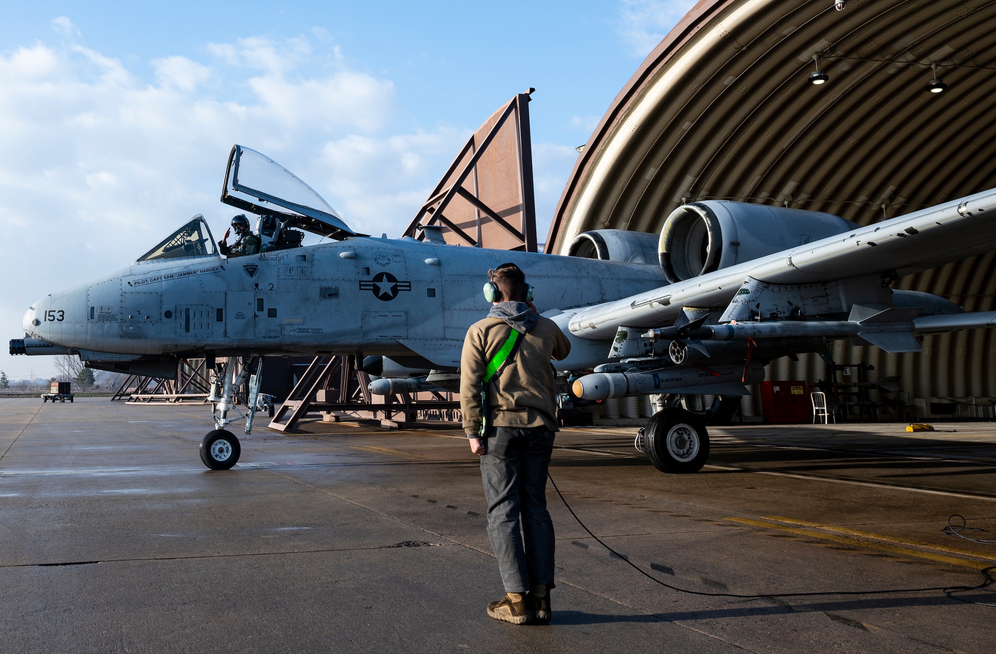 U.S. Air Force Airman Jesse Safe, 25th Fighter Generation Squadron crew chief, salutes 1st Lt. James Summer, 25th Fighter Squadron pilot before a mission sortie at Osan Air Base, Republic of Korea, Dec. 7, 2022.