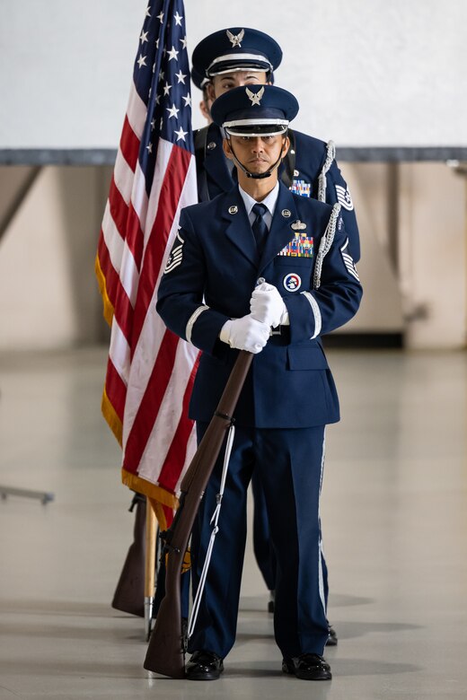 The 123rd Airlift Wing Honor Guard presents the colors at a ceremony during which Col. Hans F. Otto assumed command of the 123rd Medical Group during at the Kentucky Air National Guard Base in Louisville, Ky., Sept. 11, 2022. Otto replaces Col. Michael A. Cooper, who has led the group since 2014 and is retiring. (U.S. Air National Guard photo by Dale Greer)