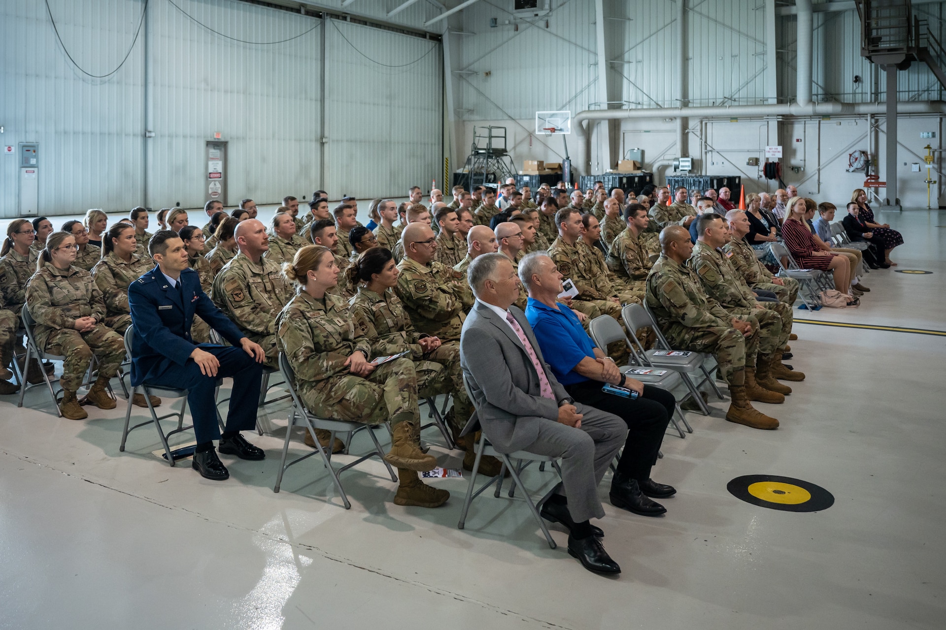 More than 100 friends, family and colleagues attend a retirement ceremony for Col. Michael A. Cooper, outgoing commander of the 123rd Medical Group, at the Kentucky Air National Guard Base in Louisville, Ky., Sept. 11, 2022. Cooper served for 30 years in the Kentucky Army National Guard, Air Force Reserve and Kentucky Air National Guard. (U.S. Air National Guard photo by Dale Greer)