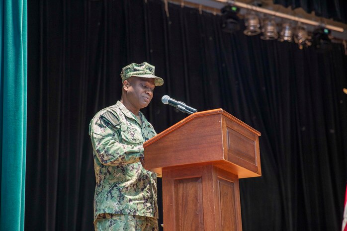 MANAMA, Bahrain (Dec. 12, 2022) U.S. Navy Capt. Robert Francis, the outgoing commander of Combined Task Force (CTF) 153, delivers remarks during a change of command ceremony in Manama, Bahrain, Dec. 12. Francis turned over command of the newly formed international Red Sea task force, CTF 153, to the Egyptian Navy during a ceremony in Bahrain where the multinational staff is headquartered.