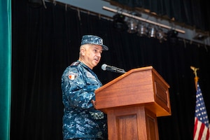 MANAMA, Bahrain (Dec. 12, 2022) Egyptian Navy Rear Adm. Mahmoud Abdelsattar, the new commander of Combined Task Force (CTF) 153, delivers remarks during a change of command ceremony in Manama, Bahrain, Dec. 12. The U.S. Navy turned over command of the newly formed international Red Sea task force, CTF 153, to the Egyptian Navy during a ceremony in Bahrain where the multinational staff is headquartered.