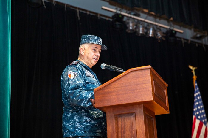 MANAMA, Bahrain (Dec. 12, 2022) Egyptian Navy Rear Adm. Mahmoud Abdelsattar, the new commander of Combined Task Force (CTF) 153, delivers remarks during a change of command ceremony in Manama, Bahrain, Dec. 12. The U.S. Navy turned over command of the newly formed international Red Sea task force, CTF 153, to the Egyptian Navy during a ceremony in Bahrain where the multinational staff is headquartered.