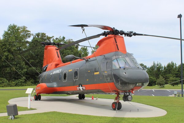An HH-46 Pedro search and rescue helicopter on display after two Fleet Readiness Center East (FRCE) artisans repaired damaged windows on the Havelock, North Carolina landmark