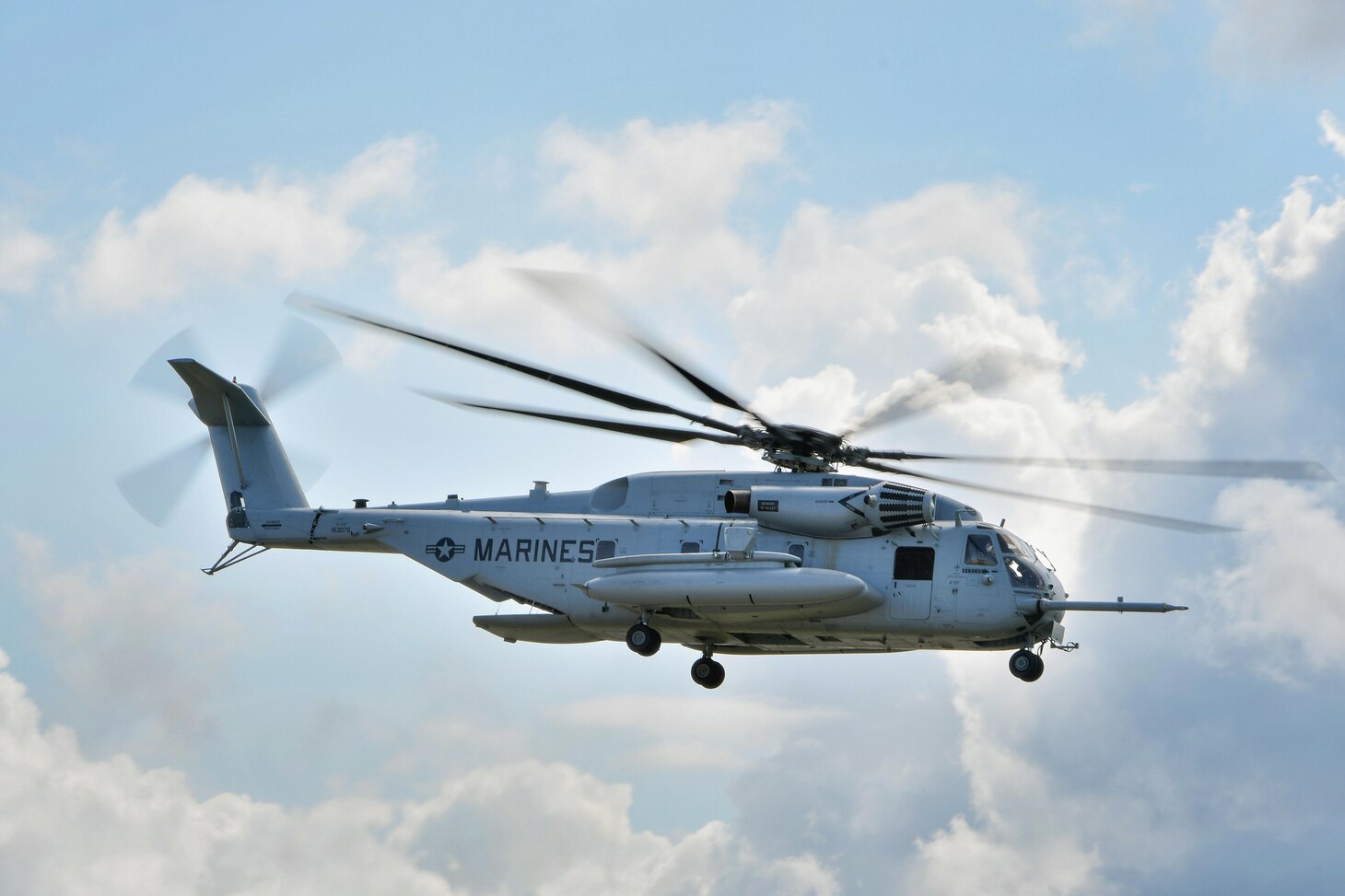 A recently overhauled CH-53 helicopter flies out of Marine Corps Air Station Cherry Point, North Carolina. The aircrew consists of Marines from Fleet Readiness Center East’s (FRCE) H-53 Military Branch.