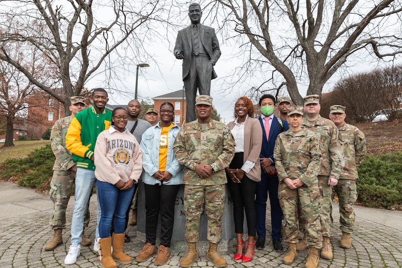 Senior Enlisted Advisor Tony Whitehead (left) shakes hands with cadets of the Kentucky State University's Reserve Officer Training Corps at the college's campus in Frankfort, Ky. on Dec. 6, 2022. Whitehead is visiting historically black colleges and universities to talk to cadets about their ROTC programs. (U.S. Army photo by Staff Sgt. Andrew Dickson)