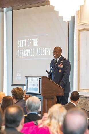 Approximately 300 attendees of the Dec. 2 State of the Aerospace Industry Luncheon listen as Air Force Sustainment Center Commander Lt. Gen. Stacey
Hawkins discusses the importance of healthy public-private partnerships between the Air Force, defense industry and the community.