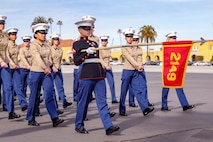 U.S. Marine Corps Lance Cpl. Madison D. Franklin, a Marine with Golf Company, 2nd Recruit Training Battalion, marches in formation during a graduation ceremony at Marine Corps Recruit Depot (MCRD) San Diego, Dec. 2, 2022.