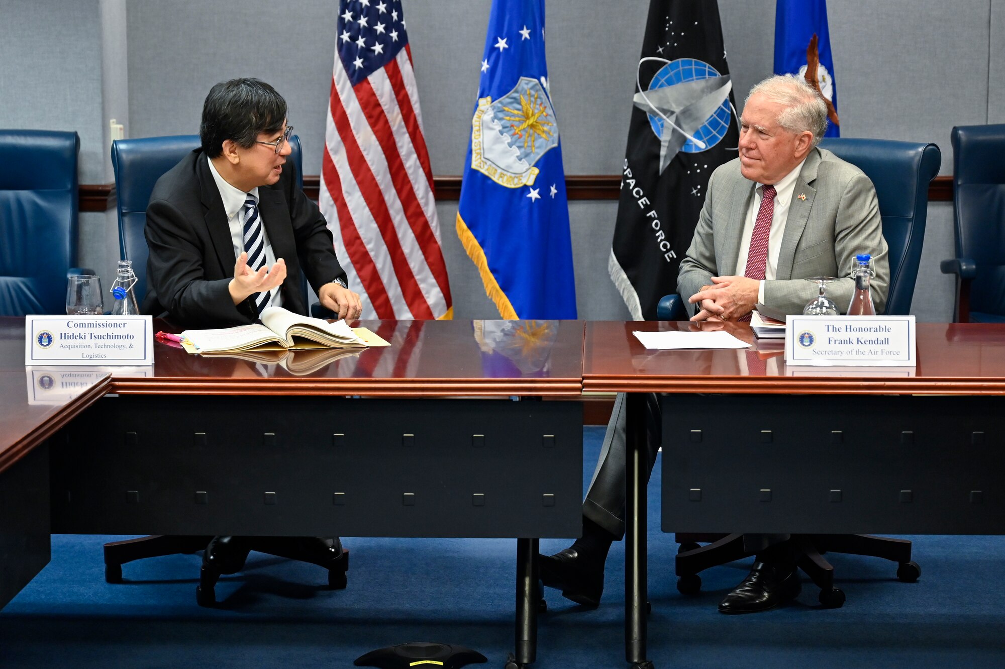 Hideki Tsuchimoto, commissioner of the Acquisition, Technology and Logistics Agency, Japanese Ministry of Defense, speaks with Secretary of the Air Force Frank Kendall during a meeting.
