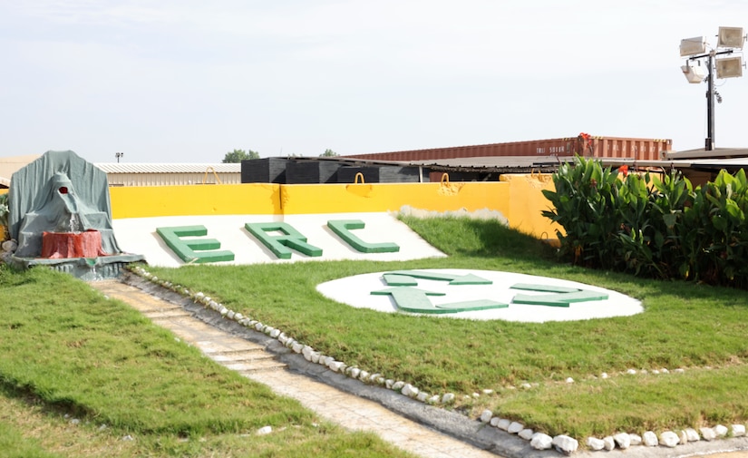 The front entrance of the Environmental Recycling Center, with a garden powered on recycled water and composted soil, Arifjan, Kuwait, November 30, 2022.